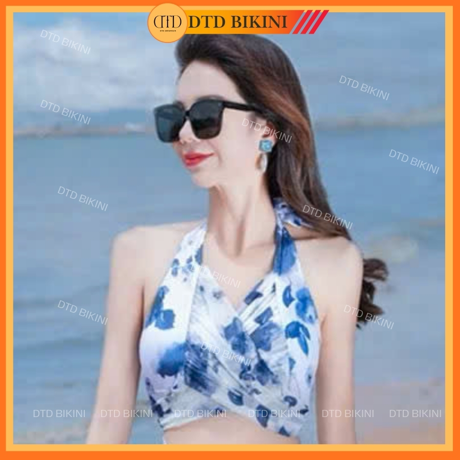 Đồ bơi nữ bikini set 3 món hoạ tiết hoa xanh quảng châu kèm khăn choàng đồ đi biển bikini QC1