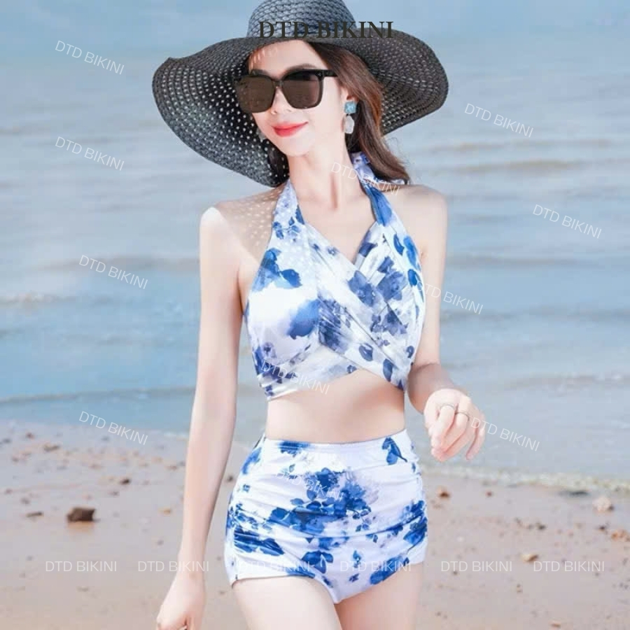 Đồ bơi nữ bikini set 3 món hoạ tiết hoa xanh quảng châu kèm khăn choàng đồ đi biển bikini QC1