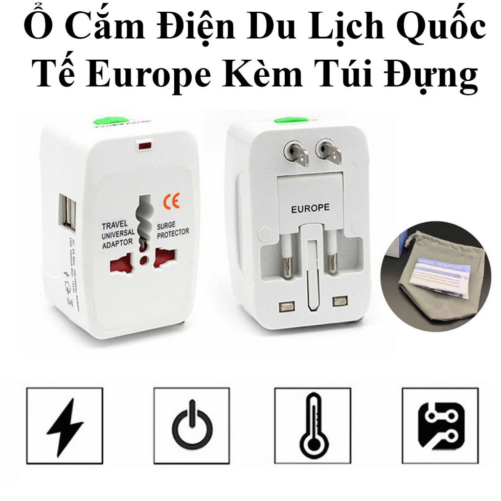 Ổ Cắm Điện Du Lịch Quốc Tế Đa Năng Europe Tặng Kèm Túi Đựng