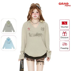 Áo thun dài tay nữ GRADPOPU cổ chữ V có mũ chùm chất vải mỏng nhẹ, dáng rộng thời trang PH293
