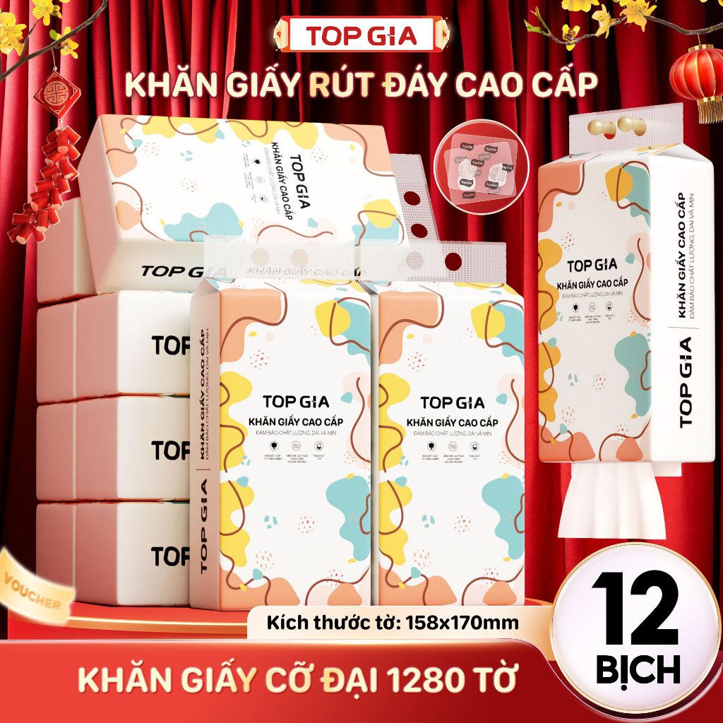 [SIÊU TIẾT KIỆM] Combo 12 Bịch - Khăn Giấy Top Gia Treo Tường Đa Sắc 1280 Tờ 4 Lớp Tiện Lợi Cao Cấp