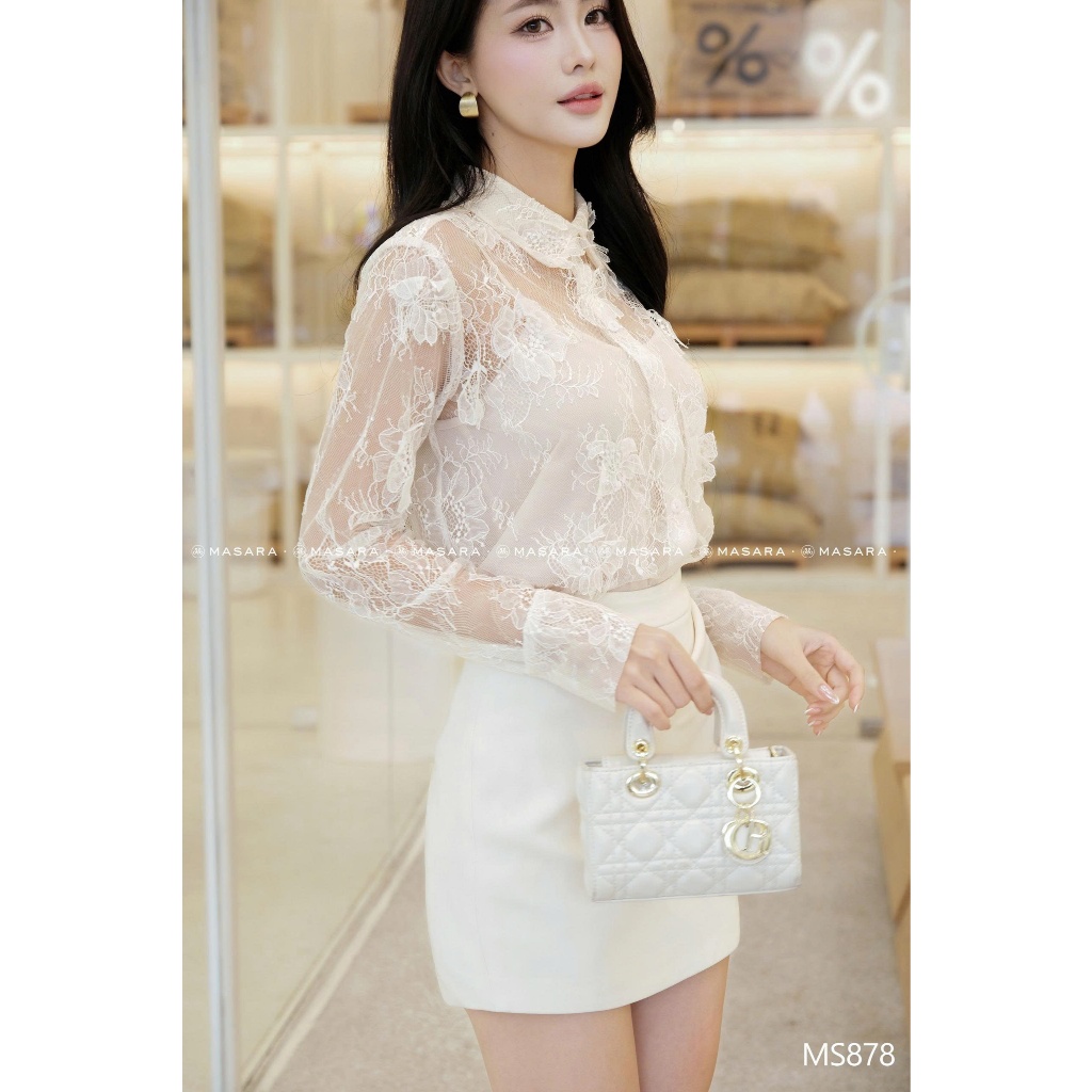 Set áo ren hoa 3D kim sa lấp lánh & chân váy trắng basic, đi kèm áo lót 2 dây thanh lịch MS878