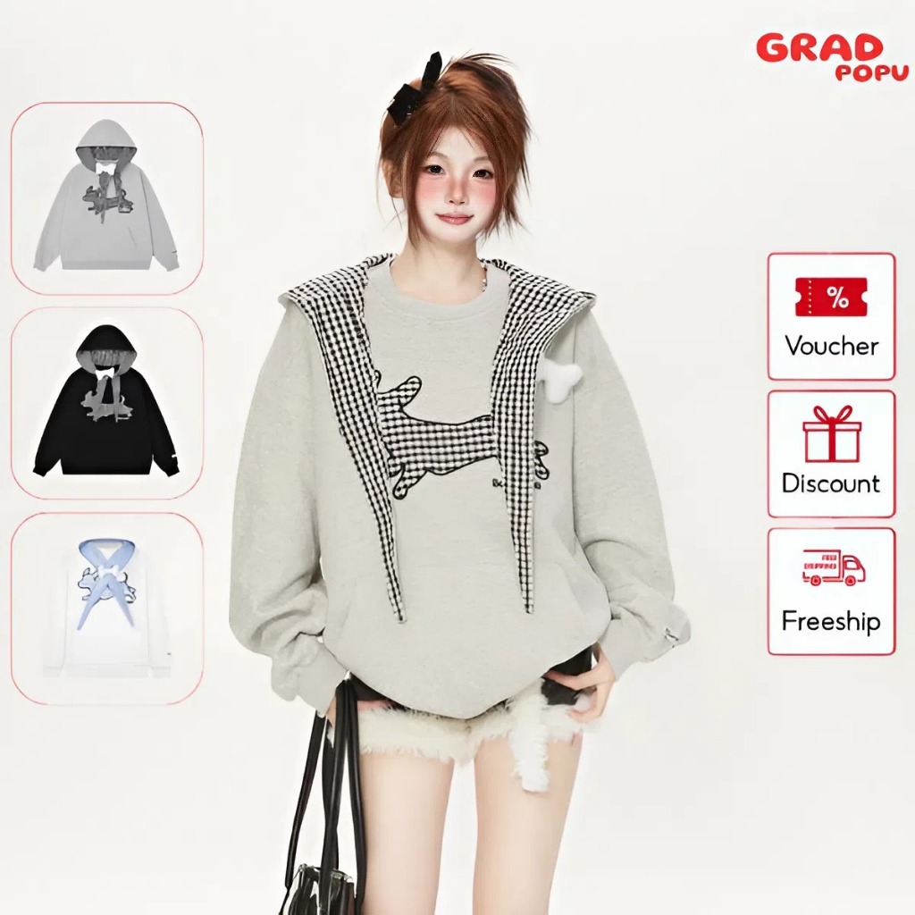 Áo nỉ nữ GRADPOPU cổ tròn có mũ trùm kẻ caro dễ thương chú chó con độc đáo và đáng yêu PH307