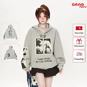 Áo khoác nỉ GRADPOPU trùm đầu thêu chắp vá in họa tiết nhân vật cổ điển rộng rãi thoải mái PH314