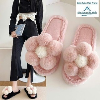 Dép (Hoa Bông) Lông Thỏ Nhân Tạo Dày Dặn Ấm Áp Mùa Đông Phong Cách Dễ Thương
