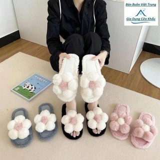 Dép (Hoa Bông) Lông Thỏ Nhân Tạo Dày Dặn Ấm Áp Mùa Đông Phong Cách Dễ Thương