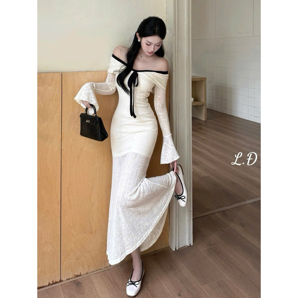 Váy ren xoè trễ vai tay loe dài tiệc sự kiện siêu xinh SM