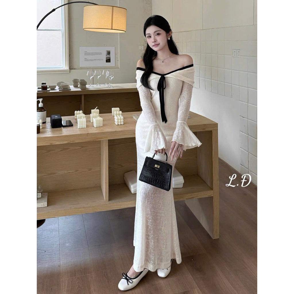 Váy ren xoè trễ vai tay loe dài tiệc sự kiện siêu xinh SM