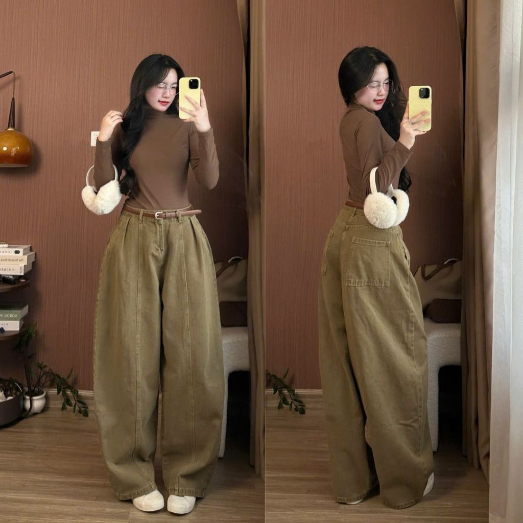 Quần Jeans Nâu Ống Cong Dáng Rộng Phối Line Quần Jean Curved Leg Brown Line Tôn Dáng Siêu Đẹp Cho Nữ