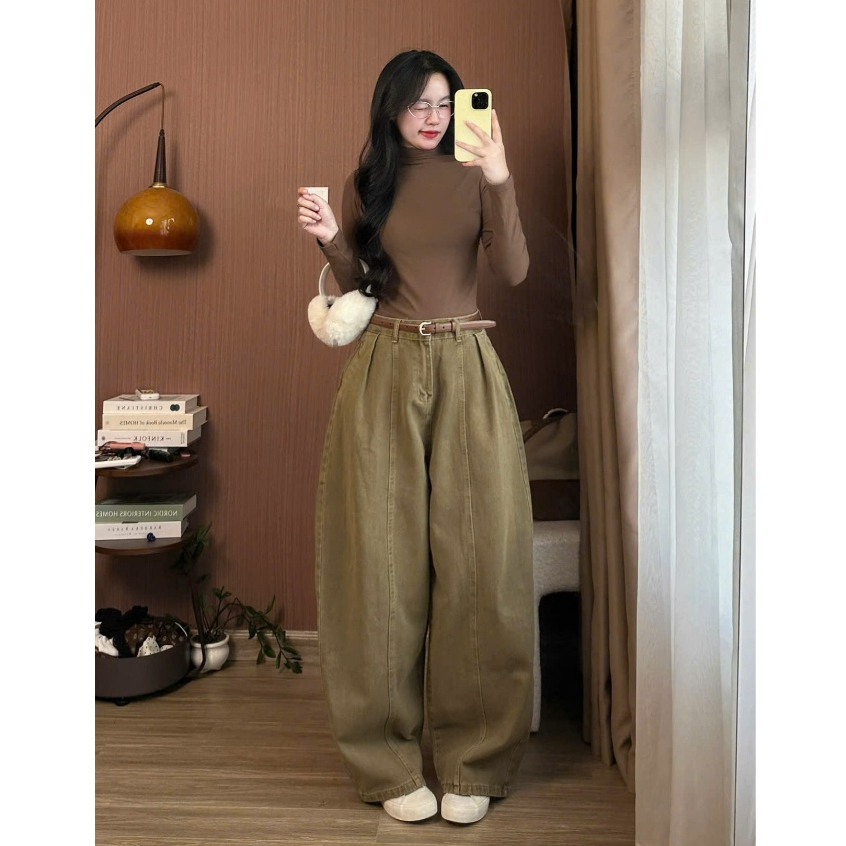 Quần Jeans Nâu Ống Cong Dáng Rộng Phối Line Quần Jean Curved Leg Brown Line Tôn Dáng Siêu Đẹp Cho Nữ
