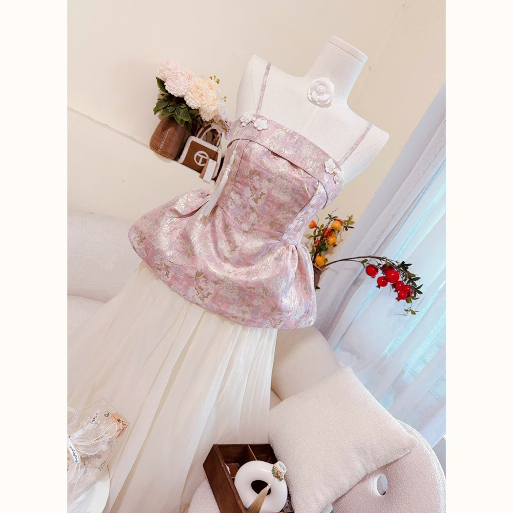 LASY Thời Trang Nữ - Set Áo Gấm Và Chân Váy Voan Dài - Đi Tiệc, Đi Chơi