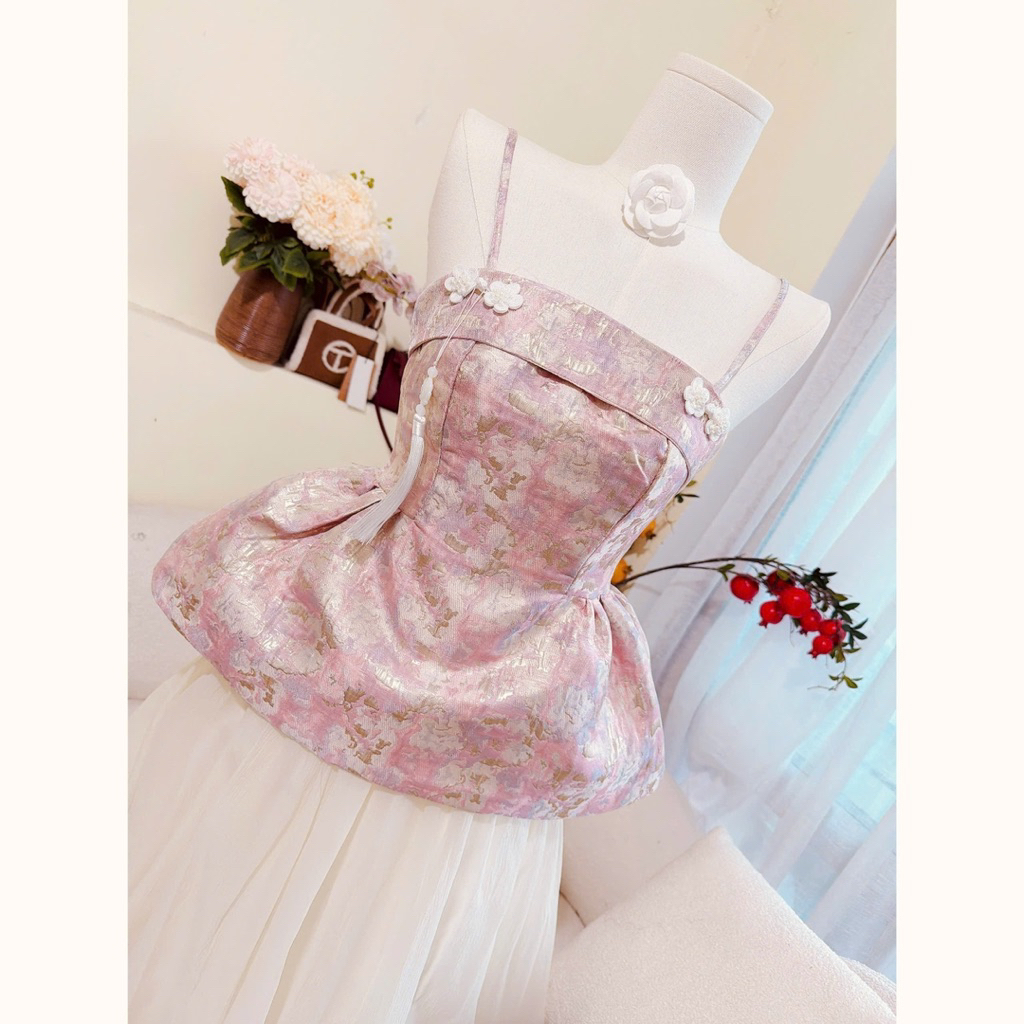 LASY Thời Trang Nữ - Set Áo Gấm Và Chân Váy Voan Dài - Đi Tiệc, Đi Chơi