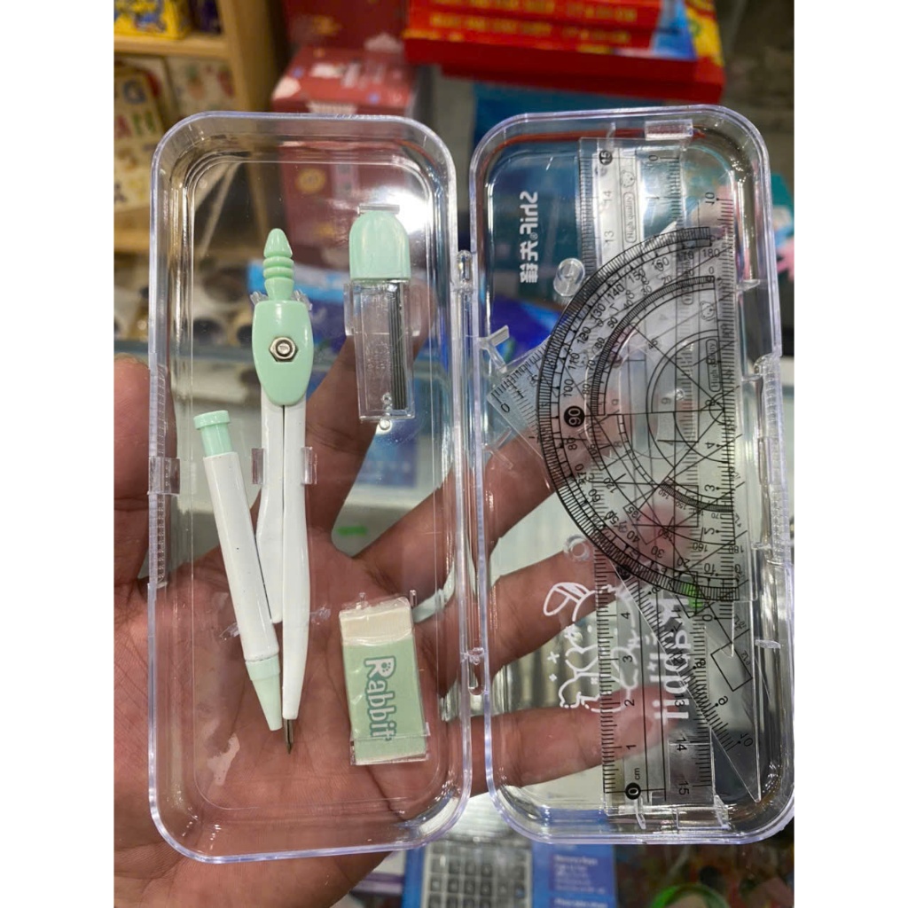 Lốc 12 Bộ compa và thước kẻ 7 món - compa, eke, thước đo góc, thước thẳng, tẩy dành cho học sinh