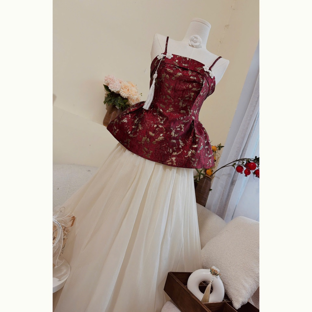 LASY Thời Trang Nữ - Set Áo Gấm Và Chân Váy Voan Dài - Đi Tiệc, Đi Chơi