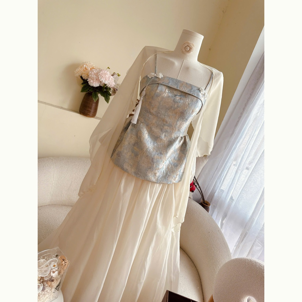 LASY Thời Trang Nữ - Set Áo Gấm Và Chân Váy Voan Dài - Đi Tiệc, Đi Chơi