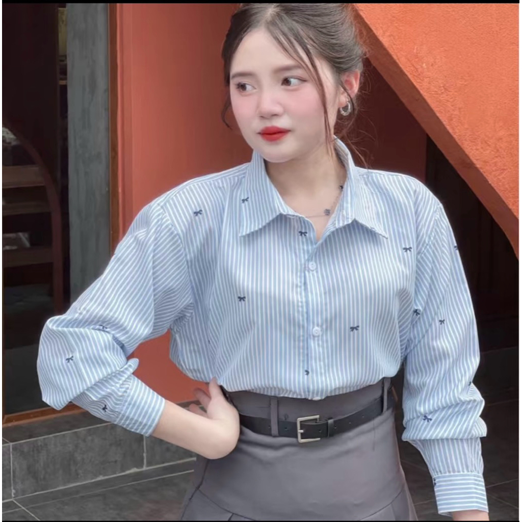 Áo sơ mi nữ KẺ IN NƠ NHỎ. from áo rộng bing sezi