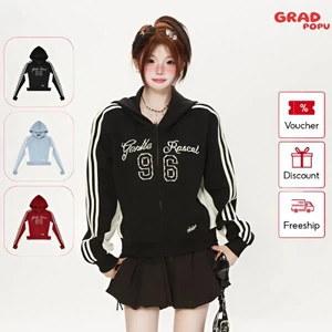 Áo khoác nỉ GRADPOPU có mủ chùm đầu đính đá pha lê ngọc trai họa tiết ba sọc thể thao PH327