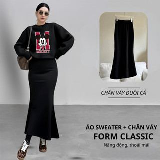 Set Bộ Nỉ Nữ Thu Đông CHEPOL Cổ Tròn, In Mickey, Chất Nỉ Chân Cua Cao Cấp ( Áo Sweater Đen + Chân Váy Đuôi Cá )-CP_17398