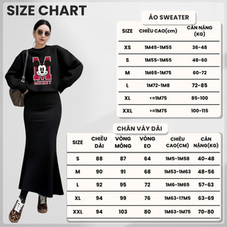 Set Bộ Nỉ Nữ Thu Đông CHEPOL Cổ Tròn, In Mickey, Chất Nỉ Chân Cua Cao Cấp ( Áo Sweater Đen + Chân Váy Đuôi Cá )-CP_17398