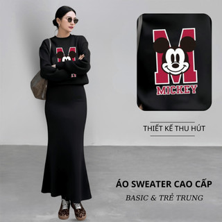 Set Bộ Nỉ Nữ Thu Đông CHEPOL Cổ Tròn, In Mickey, Chất Nỉ Chân Cua Cao Cấp ( Áo Sweater Đen + Chân Váy Đuôi Cá )-CP_17398