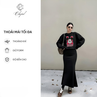 Set Bộ Nỉ Nữ Thu Đông CHEPOL Cổ Tròn, In Mickey, Chất Nỉ Chân Cua Cao Cấp ( Áo Sweater Đen + Chân Váy Đuôi Cá )-CP_17398