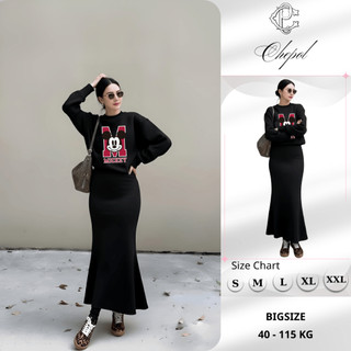 Set Bộ Nỉ Nữ Thu Đông CHEPOL Cổ Tròn, In Mickey, Chất Nỉ Chân Cua Cao Cấp ( Áo Sweater Đen + Chân Váy Đuôi Cá )-CP_17398