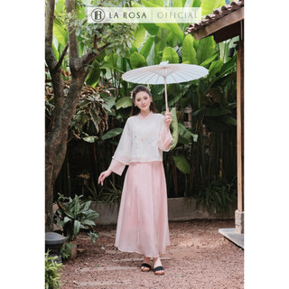 Set Váy Tơ Tiểu Thư La Rosa Áo Cách Tân Thêu Hoa Dáng Suông Phối Chân Váy Dài Xếp Lớp Xòe Nhẹ S1009
