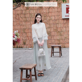 Set Váy Tơ Tiểu Thư La Rosa Áo Cách Tân Thêu Hoa Dáng Suông Phối Chân Váy Dài Xếp Lớp Xòe Nhẹ S1009