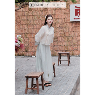 Set Váy Tơ Tiểu Thư La Rosa Áo Cách Tân Thêu Hoa Dáng Suông Phối Chân Váy Dài Xếp Lớp Xòe Nhẹ S1009