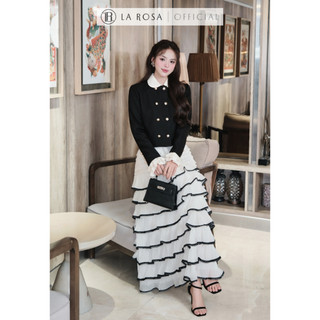 Set Váy Dự Tiệc La Rosa Áo Khoác Dài Tay Cổ Sen Trắng Đính Cúc Đồng Mix Chân Váy Tơ Viền Đen Cạp Chun Nhiều Tầng S1004