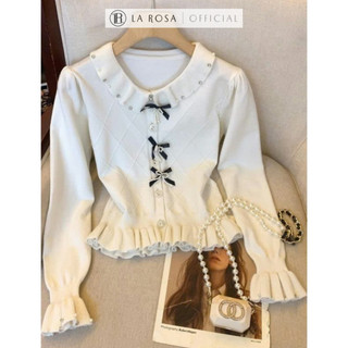 Áo Len Nữ Sang Chảnh La Rosa Áo Cổ Sen Đính Ngọc, Dài Tay Loe Nhẹ Phối Nơ, Đính Cúc Nổi Bật S1008