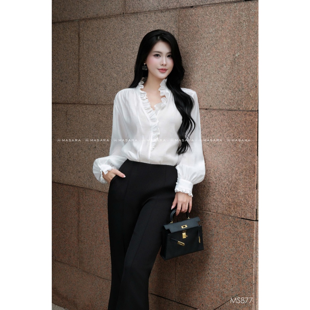 Set áo tơ trắng cổ bèo phối quần ống loe phong cách thanh lịch hiện đại Masara MS877