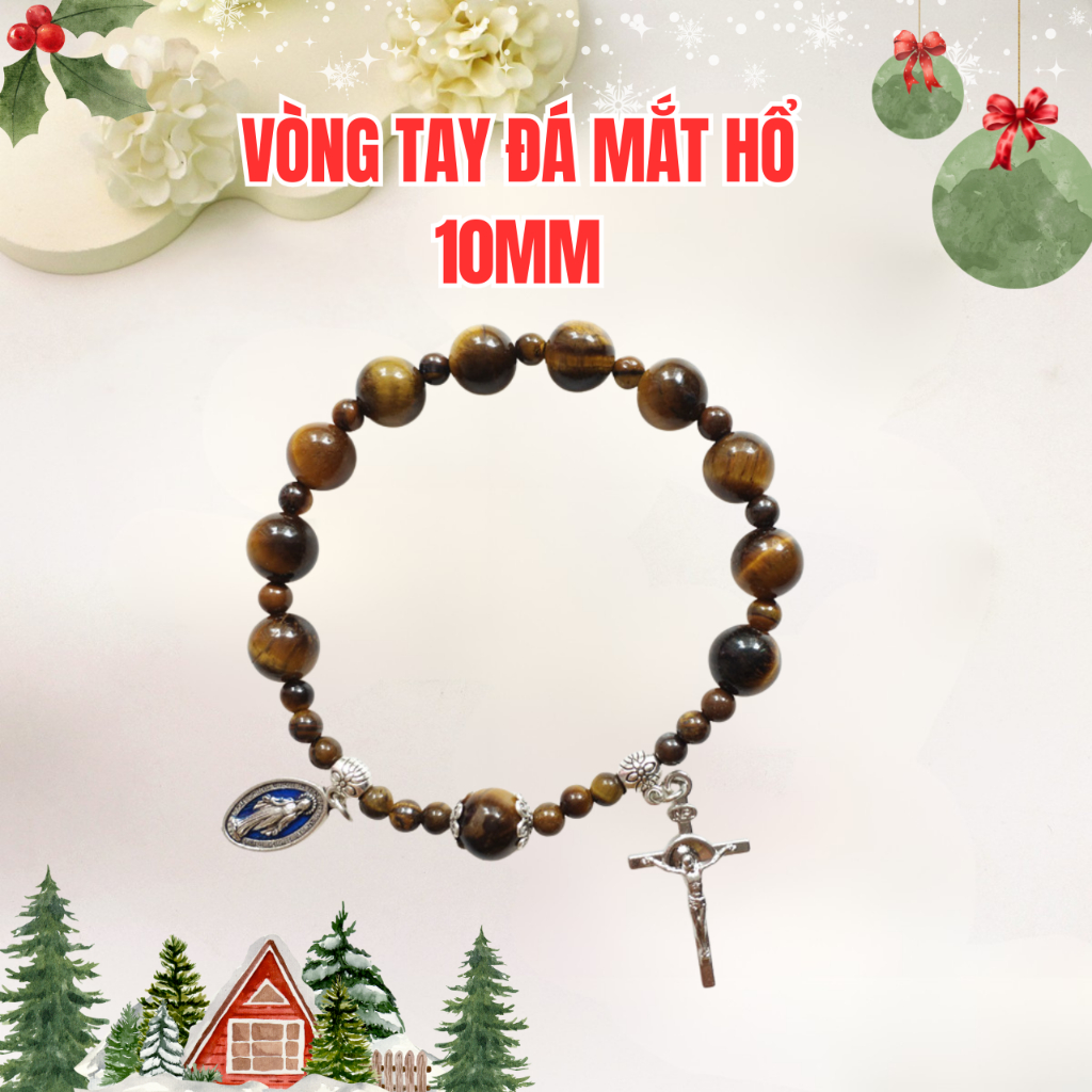 Chuỗi Mân Côi, Vòng Tay 10 Hạt Đá Mắt Hổ 10ly Cao Cấp Được Làm Thủ Công Tinh Sảo. Quà Tặng Ý Nghĩa