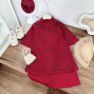 Áo dài cặp đôi cho mẹ và bé hoạ tiết hoa đỏ, áo dài cho bé gái 4 tà chất tơ lụa sz 10-35kg