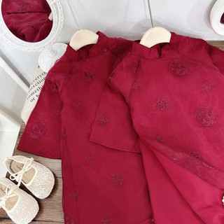 Áo dài cặp đôi cho mẹ và bé hoạ tiết hoa đỏ, áo dài cho bé gái 4 tà chất tơ lụa sz 10-35kg