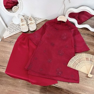 Áo dài cặp đôi cho mẹ và bé hoạ tiết hoa đỏ, áo dài cho bé gái 4 tà chất tơ lụa sz 10-35kg