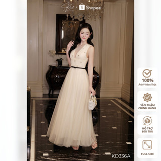 Đầm lưới Khiết Style kem dáng dài xòe bồng bềnh đính đá eo phối nơ lụa đen phong cách dự tiệc sang trọng KD336A