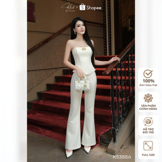 Set áo quây Khiết form corset phối khoen vàng quyến rũ + quần suông ống loe tôn dáng, tone kem hiện đại KS388A