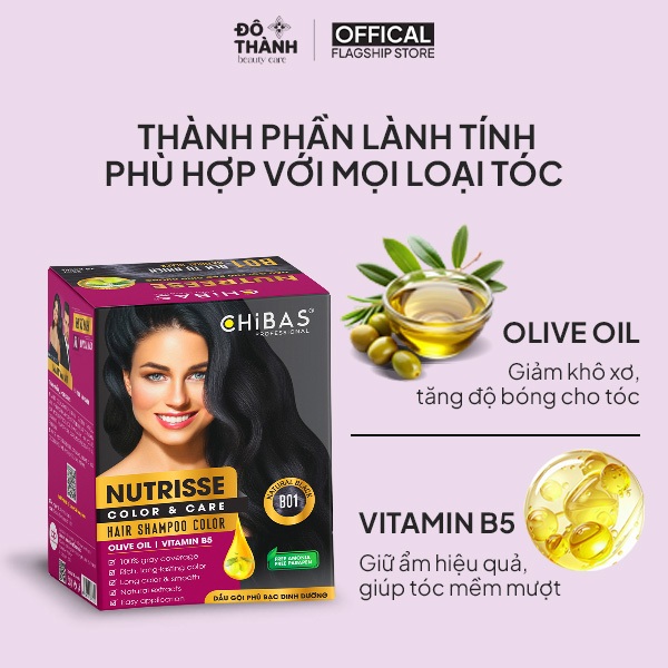 Dầu gội phủ bạc CHIBAS Nutrisse từ Olive oil và Vitamin B5 cho tóc chuẩn màu mềm mượt hộp 10 gói