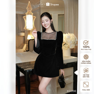 Đầm nhung Khiết Style đen phối cổ lưới viền đính đá lấp lánh phong cách dự tiệc sang trọng KD398