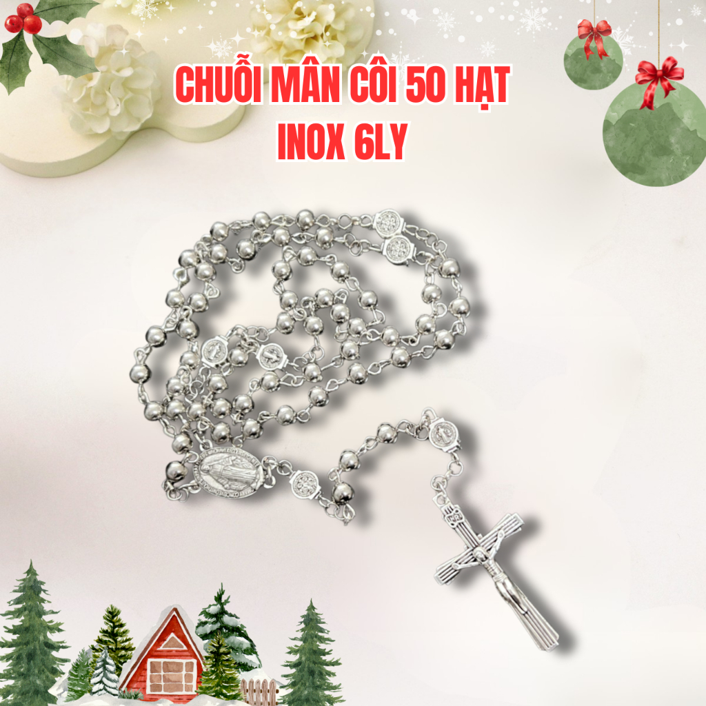 Chuỗi Mân Côi - Tràng Hạt 50 Inox Tròn 6Ly Quà Tặng Công Giáo Ý Nghĩa, Bền Đẹp, Sang Trọng