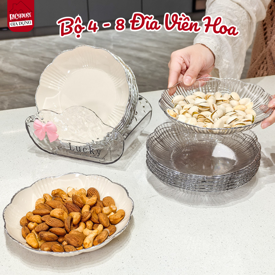 Bộ 4 Đĩa Viền Bạc Hình Hoa Sang Trọng, Đĩa Lòng Sâu Đựng Bánh Kẹo, Hướng Dương Bàn Trang Trí