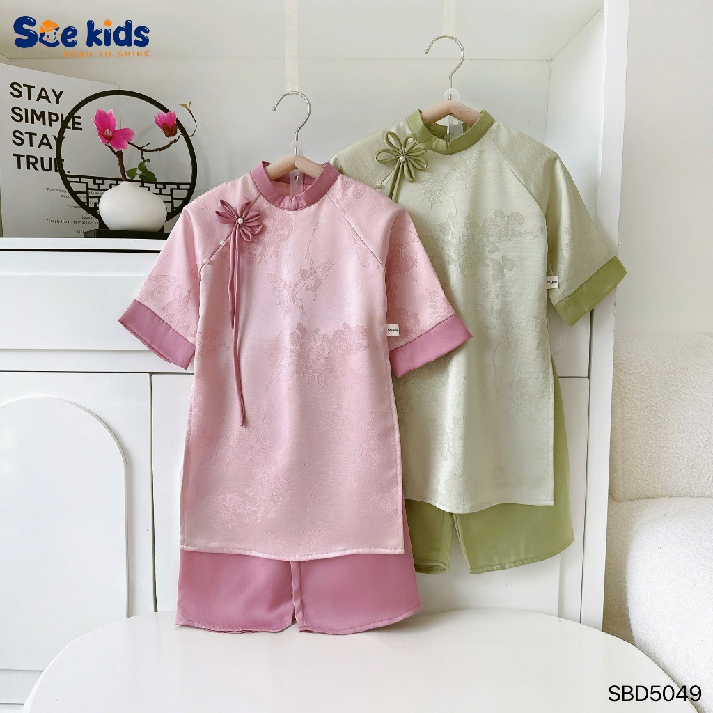Áo dài lụa hoạ tiết hoa chìm sang chảnh cho bé gái, áo dài diện tết du xuân đính nơ xinh xắn