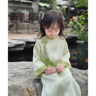 Set Áo Dài Bé Gái Lụa Ngọc Trai Phối Nơ Hoa Tinh Tế, Xinh Xắn, Áo Dài Tết Bé Gái size 9-28kg