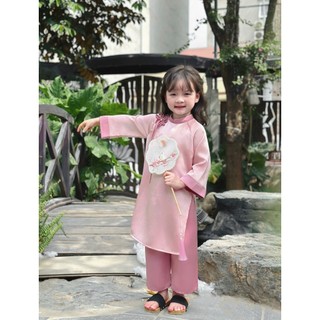 Set Áo Dài Bé Gái Lụa Ngọc Trai Phối Nơ Hoa Tinh Tế, Xinh Xắn, Áo Dài Tết Bé Gái size 9-28kg