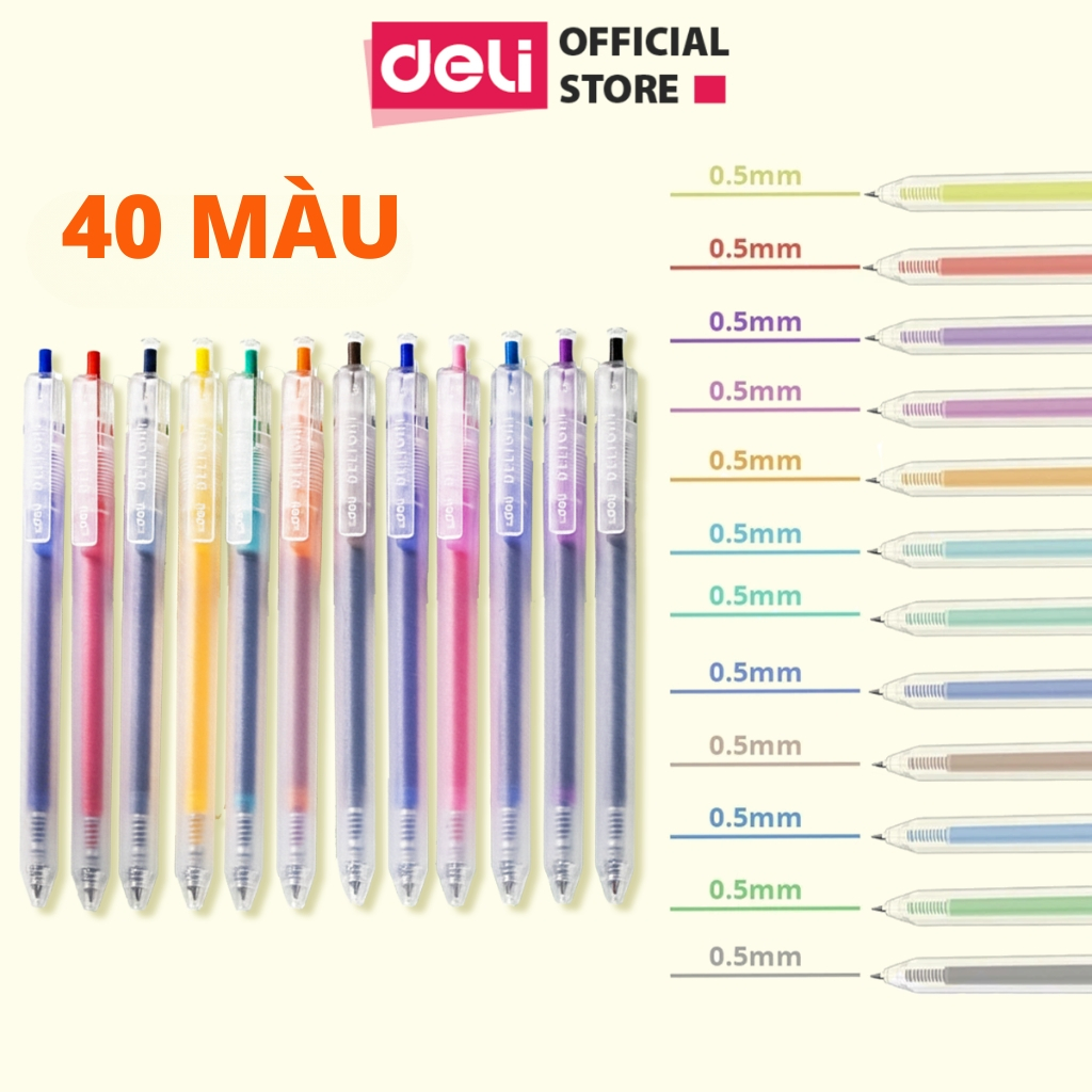 [40 MÀU MỚI] Bút Bi Nước Mực Gel Bấm Nhiều Màu Nhanh Khô 0.5mm Deli-Viết Bi Học Sinh Văn Phòng EG118