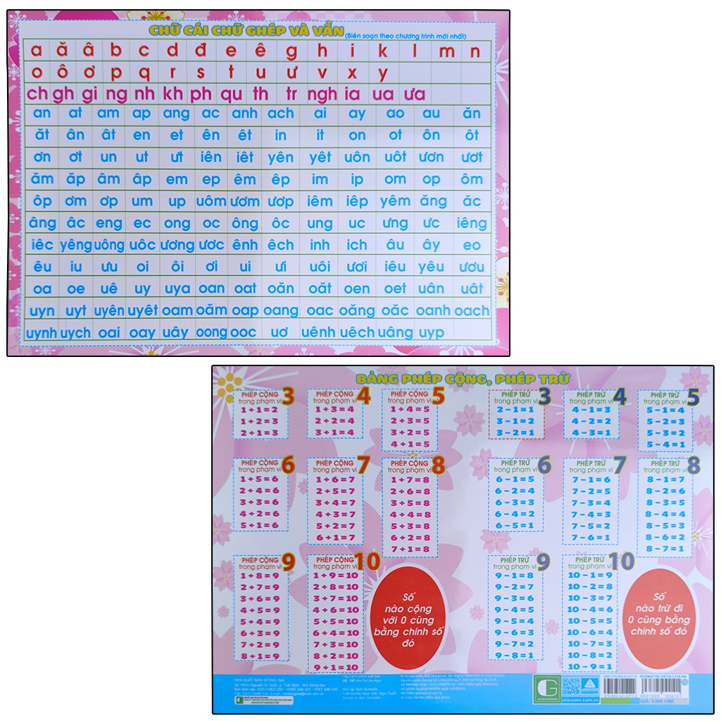 Sách-Bảng Chữ Cái – Chữ Ghép & Vần + Bảng Phép Cộng Trừ 1–10 Cho Bé Lớp 1