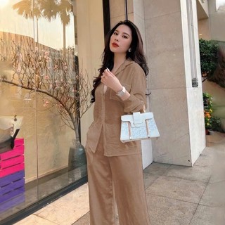 Bộ Áo Sơ Mi Dài Tay Kèm Quần Suông Ống Rộng Vải Thô Đũi Thoáng Mát Mềm Mại–Đồ Nữ Mát Mịn, Form Đẹp - Anh Thư Shop (AT20)