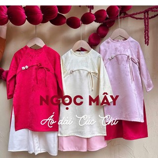 Bộ áo dài tết bé gái NGỌC MÂY Cúc Chi tặng kèm bờm tóc - Chất Liệu Cao Cấp, Size 8-44kg