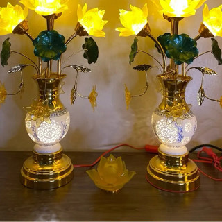 [TẶNG BÓNG LED] Set 2 Đèn Thờ Hoa Sen Lưu Ly 5 Bông Cao Lá Xanh, Vàng 70cm Bình Gốm Hoa Rủ Trang Trí Bàn Thờ Cao Cấp